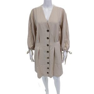 L Academie Womens Button Front Long Sleeve V Neck Shift Dress Beige Size XL